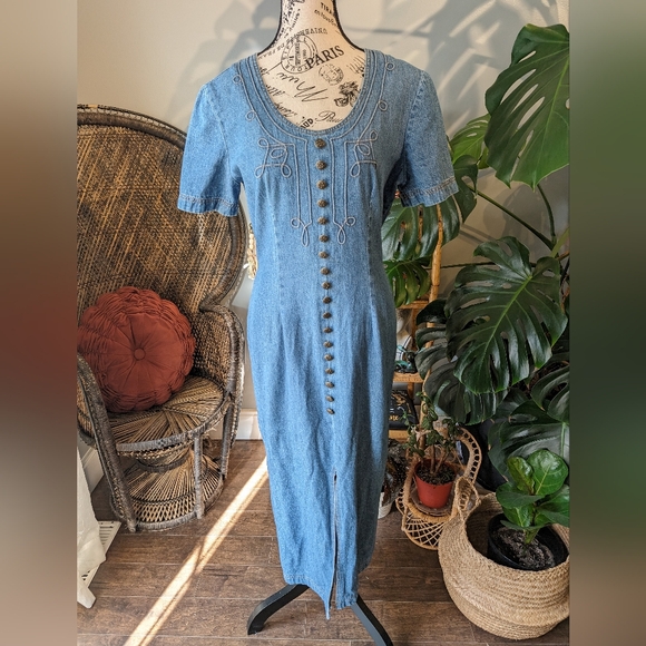 Vintage Dresses & Skirts - 1990s Vintage Denim Women's Faux Button Up Dress Size 8